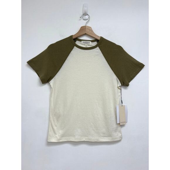 NWT Nation Ltd Bobbie Tee Hemp Raglan Sporty Retro Baseball Boxy Fit Capers XS - Picture 9 of 9